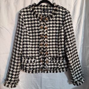 Balmain-Inspired Prando Tweed Houndstooth Jacket — Gold Buttons (Size 44)